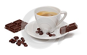 Cup of coffee and piece of chocolate and coffe beans on white background