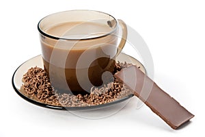 A cup of coffee and a piece of chocolate