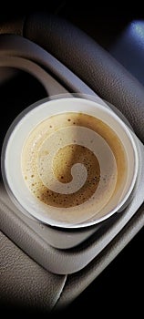 A cup of coffee places in car cup holder