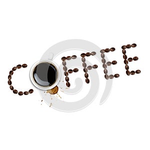 Cup With Coffee And Plate And Coffee Grain And Blots White Background