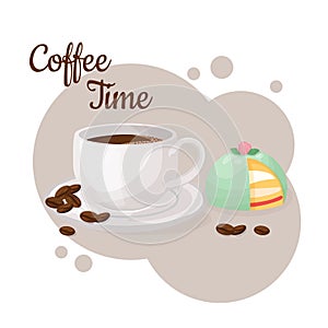 Cup of coffee, Prinsesstarta green marzipan cake. Coffee time concept. Isolated hand drawn illustration breakfast food.