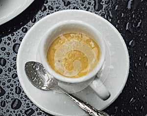 A cup of coffee in the rain