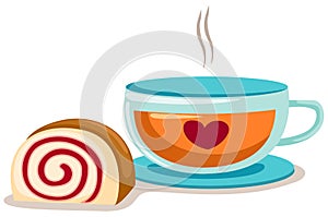 A cup of coffee with roll cake