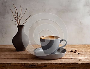Cup of coffee on rustic wooden table with flower vase and coffee beans in front of gray wall