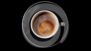 A cup of coffee on a saucer against a black background