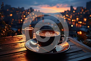 A cup of coffee with a saucer on the background of the night city. AI generative