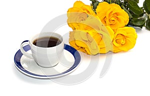 Cup of coffee on a saucer and a bouquet of yellow roses, the isolated image