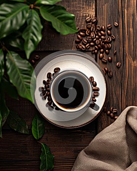 Cup of Coffee on Saucer With Coffee Beans