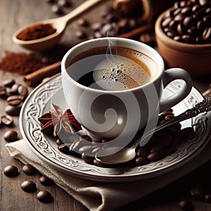 Cup of coffee on a saucer. Coffee beans on a saucer. Close-up. Generated AI