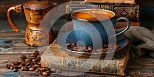 A cup of coffee on a saucer with coffee beans spilled on the table and an old book. Behind the cup is a vintage coffee maker