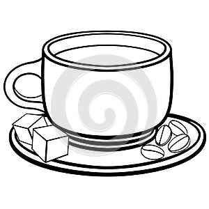 A cup of coffee on a saucer. Coffee beans and sugar pieces. Line drawing. For colorin