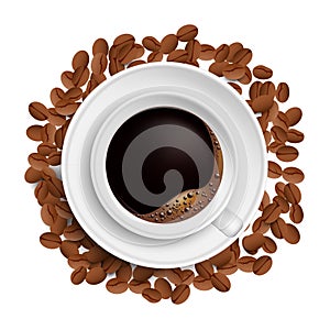A Cup of Coffee with saucer on a coffee beans, top view