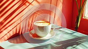 A cup of coffee on a saucer with foam in the center, AI
