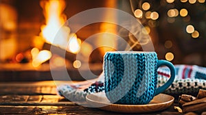 A cup of coffee on a saucer in front of the fireplace, AI