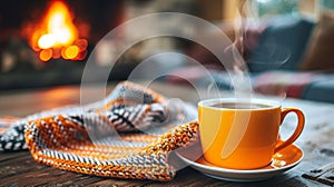 A cup of coffee on a saucer next to a blanket, AI