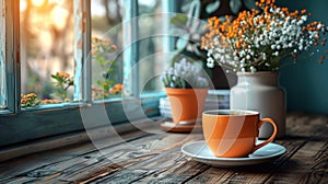 A cup of coffee on a saucer next to flowers, AI