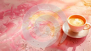 A cup of coffee on a saucer with pink paint splatter, AI