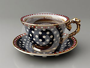 A cup of coffee with a saucer and polka dots