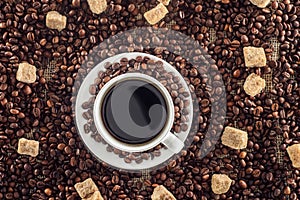 Cup of coffee with saucer, roasted coffee beans and brown sugar on sackcloth