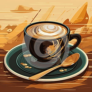 a cup of coffee on a saucer with a spoon