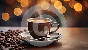 A cup of coffee on a saucer with a spoon, amazing bokeh lights