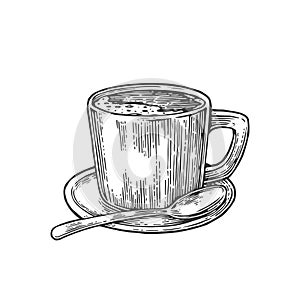 Cup of coffee with saucer, spoon. Hand drawn sketch style. Vintage black vector engraving illustration for label, web