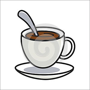 Cup of coffee on saucer and with spoon inside