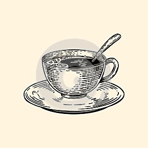 A cup of coffee on a saucer with a spoon. Vector illustration in sketch style