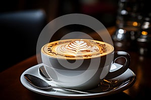 a cup of coffee on a saucer on a table