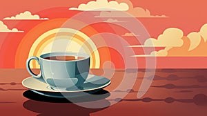 A cup of coffee on a saucer on a table, sunset with sun and clounds behind.