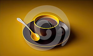 A cup of coffee on a saucer on a yellow background, generative AI