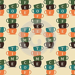 Cup coffee seamless pattern in retro color. Coffee background. Coffee time text. Retro design for print on wrapping paper