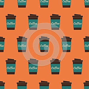 Cup coffee seamless pattern in retro color. Icon coffee to go. Concept takeaway drink, food