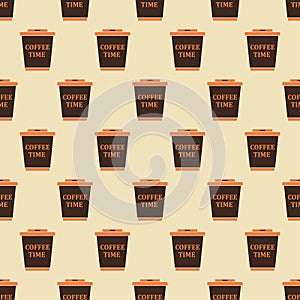 Cup coffee seamless pattern in retro color. Icon coffee to go. Concept takeaway drink, food. Coffee time text