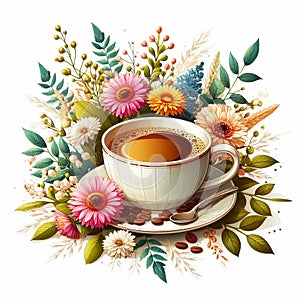 A cup of coffee served on a table with a bouquet of flowers, digital art on a white background