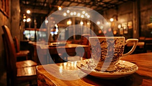 A cup of coffee served on a wooden table with a calm ambience coffee shop