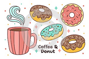 A cup of coffee and a set of donuts. Hand drawn