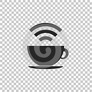 Cup of coffee shop with free Wi-Fi zone icon isolated on transparent background. Internet connection placard sign