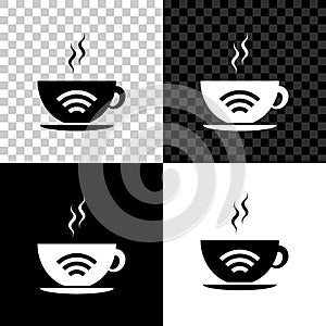 Cup of coffee shop with free wifi zone icon isolated on black, white and transparent background. Internet connection