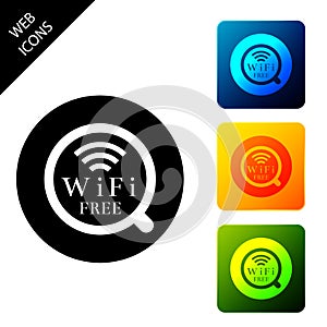 Cup of coffee shop with free wifi zone icon isolated. Internet connection placard. Set icons colorful square buttons