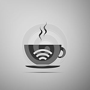 Cup of coffee shop with free wifi zone sign. Internet connection placard icon isolated on grey background