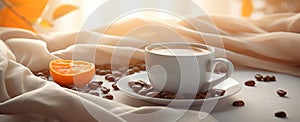 a cup of coffee is shown on a table next to a bed and coffee beans