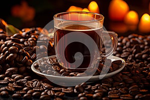 a cup of coffee sits on a plate surrounded by coffee beans