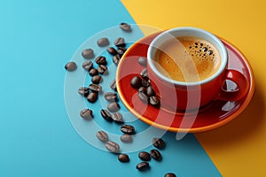 A Cup of Coffee Surrounded by Coffee Beans. Generative AI
