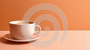 A cup of coffee sits on a saucer, peach fuzz, trendy color of the year 2024.