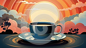 A cup of coffee sits on a saucer, sunset with sun and clounds behind.