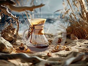 A cup of coffee is sitting on a plate on a sandy beach