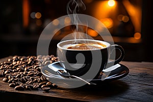 a cup of coffee is sitting on a saucer with beans on a wooden table in front of a fireplace