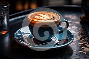 a cup of coffee sitting on a saucer with a spoon