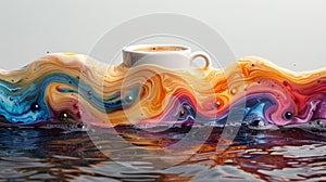 A cup of coffee is sitting on top of a colorful wave, AI